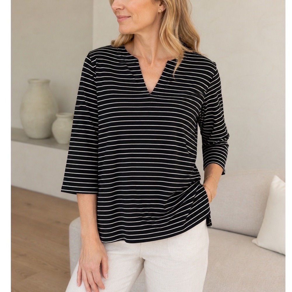 Lesley Evers Large Black Striped 3/4 Sleeve V-Neck Tunic Top Luxury Minimalist